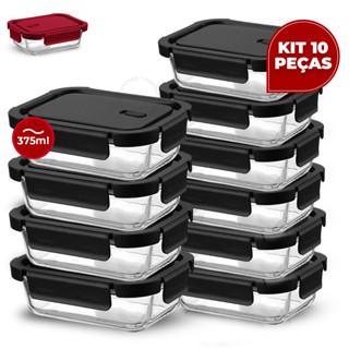 Kit 10 Potes Vidro Hermético 375ml Retangular 4 Travas Marmita Premium Preto