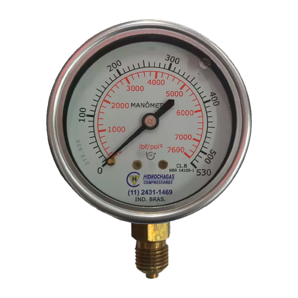 Manômetro de Pressão 1/4″ Vertical 7600 Lbf/cm² 530 Bar Com Glicerina