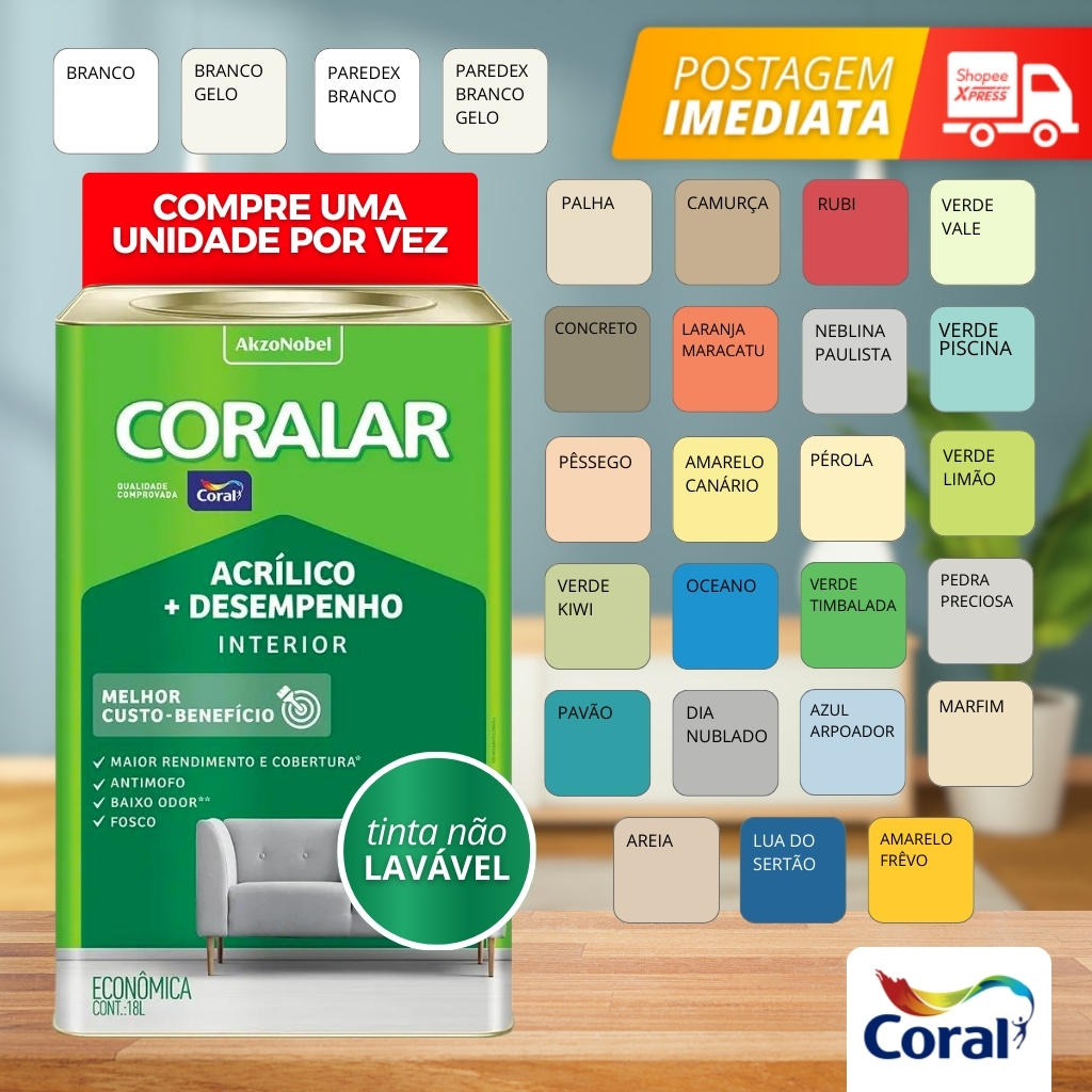 Tinta Econômica Fosca Coralar Paredes Coral 18 Litros AntiMofo Acrica Interno Fosco Interior Cores