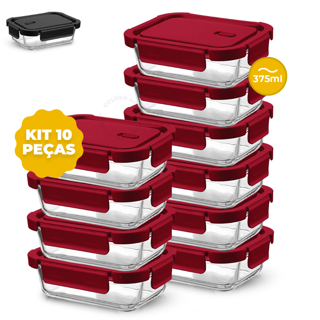 Kit 10 Potes Vidro 4 Travas 375ml Hermético  Retangular Marmita Premium