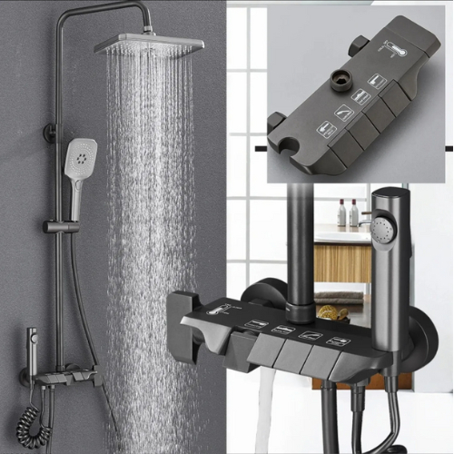 Chuveiro Ducha 4 Saídas Misturador Termostato Digital Mão Ducha Chuveiro Deslizante Fixaçãos Preto