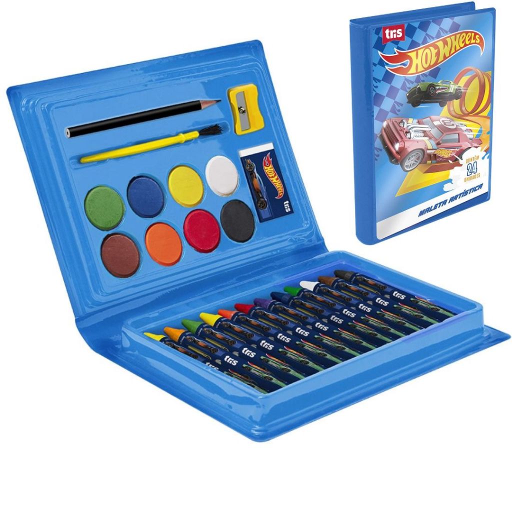 Estojo Maleta de Pintura Infantil Tema Wot Wheels Carros Com Giz Lápis Para Pintar