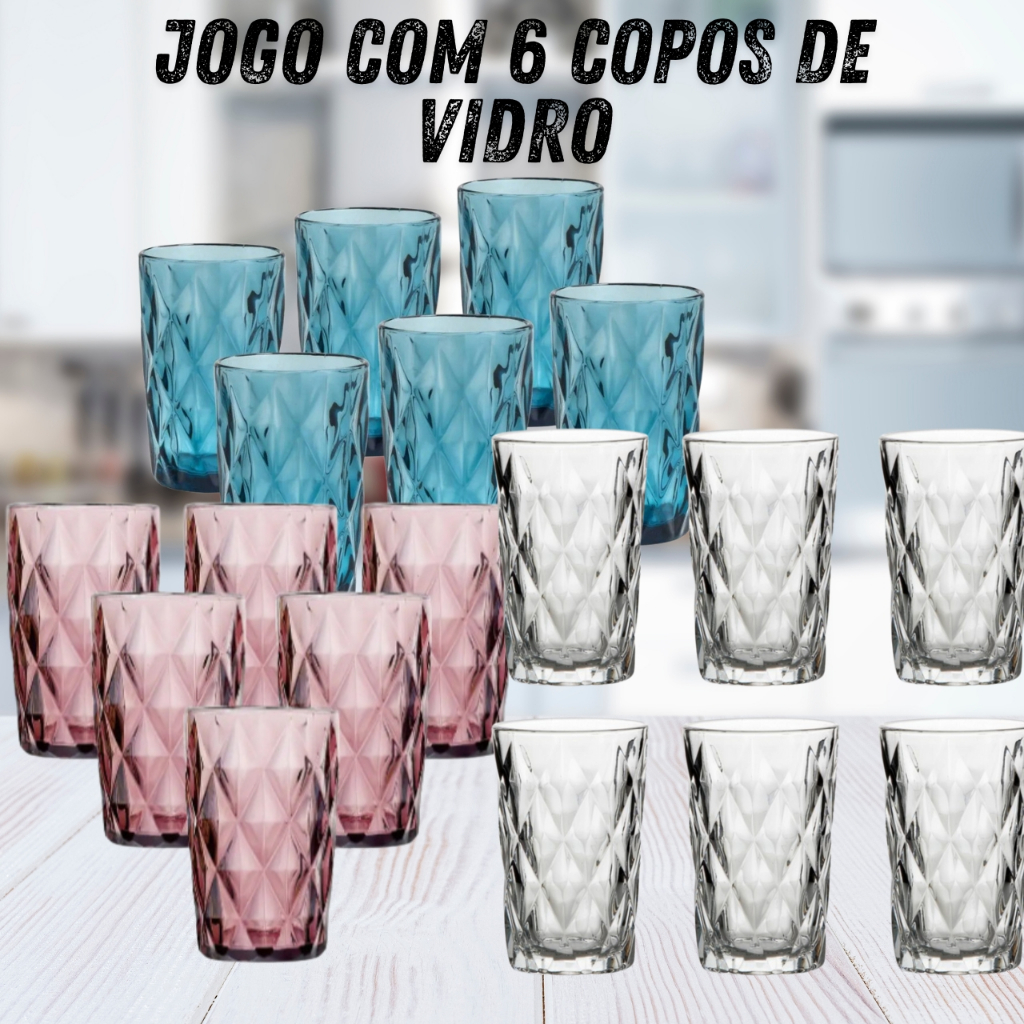 Jogo 6 Copo De Vidro Diamond 350ml Água Suco Cozinha Domestico Presente Diamante Azul Rosa Cristal