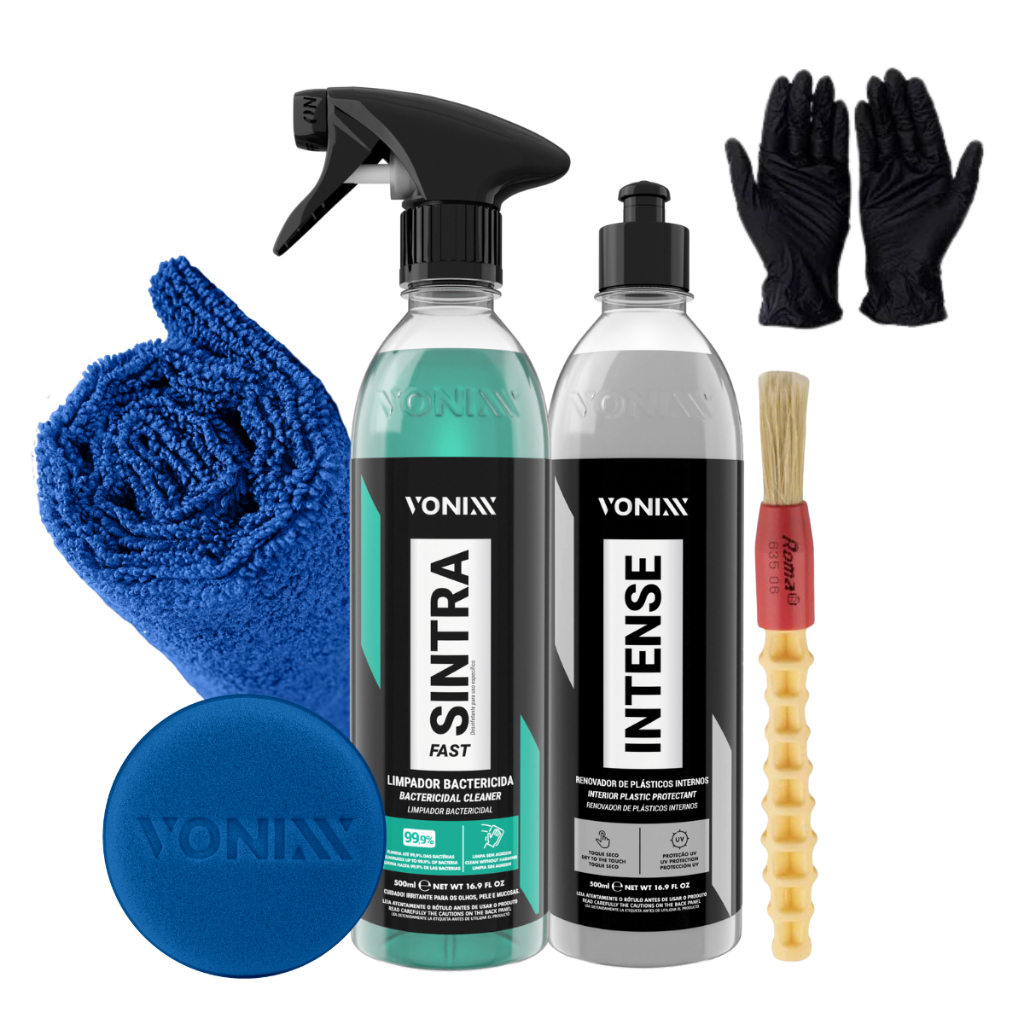 Kit Sintra Fast Limpador Bactericida Intense Renovador De Plasticos Toalha Aplicador Pincel Luva