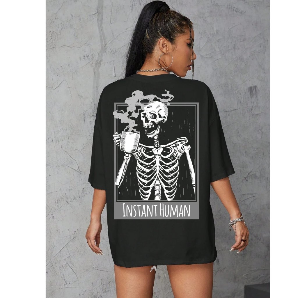 Camiseta Feminina Oversized Blusinha T Shit Algodão Plus Size Infantil Instant Human Café caveira Streetwear