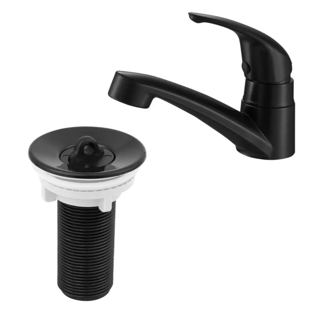 Torneira Lavatório Mono Up Pia Banheiro Abs Preto + Valvula Lavatório 7/8 Abs Preto