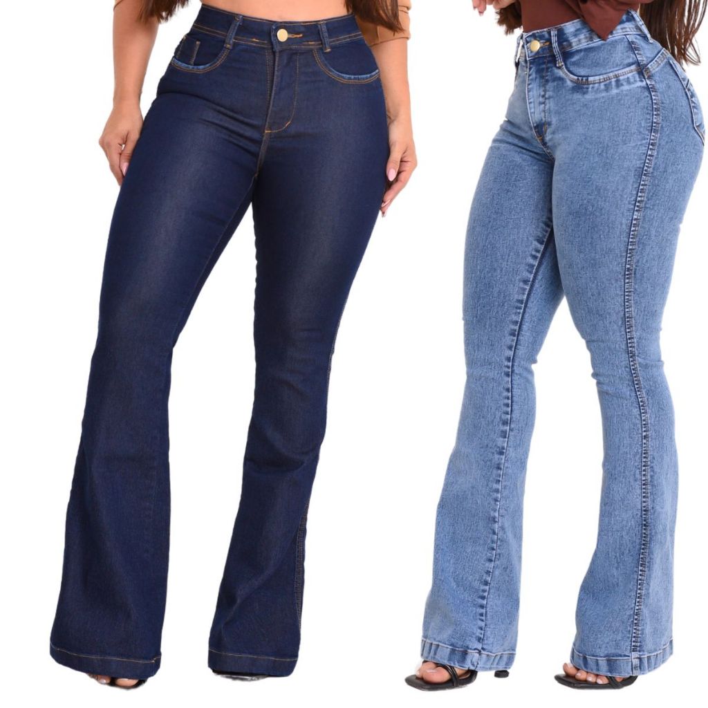 Kit com 2 Calças Jeans Flare Feminina Modeladora Cintura Alta com Lycra Cós Alto Boca de Sino Efeito Empina Bumbum Luxo