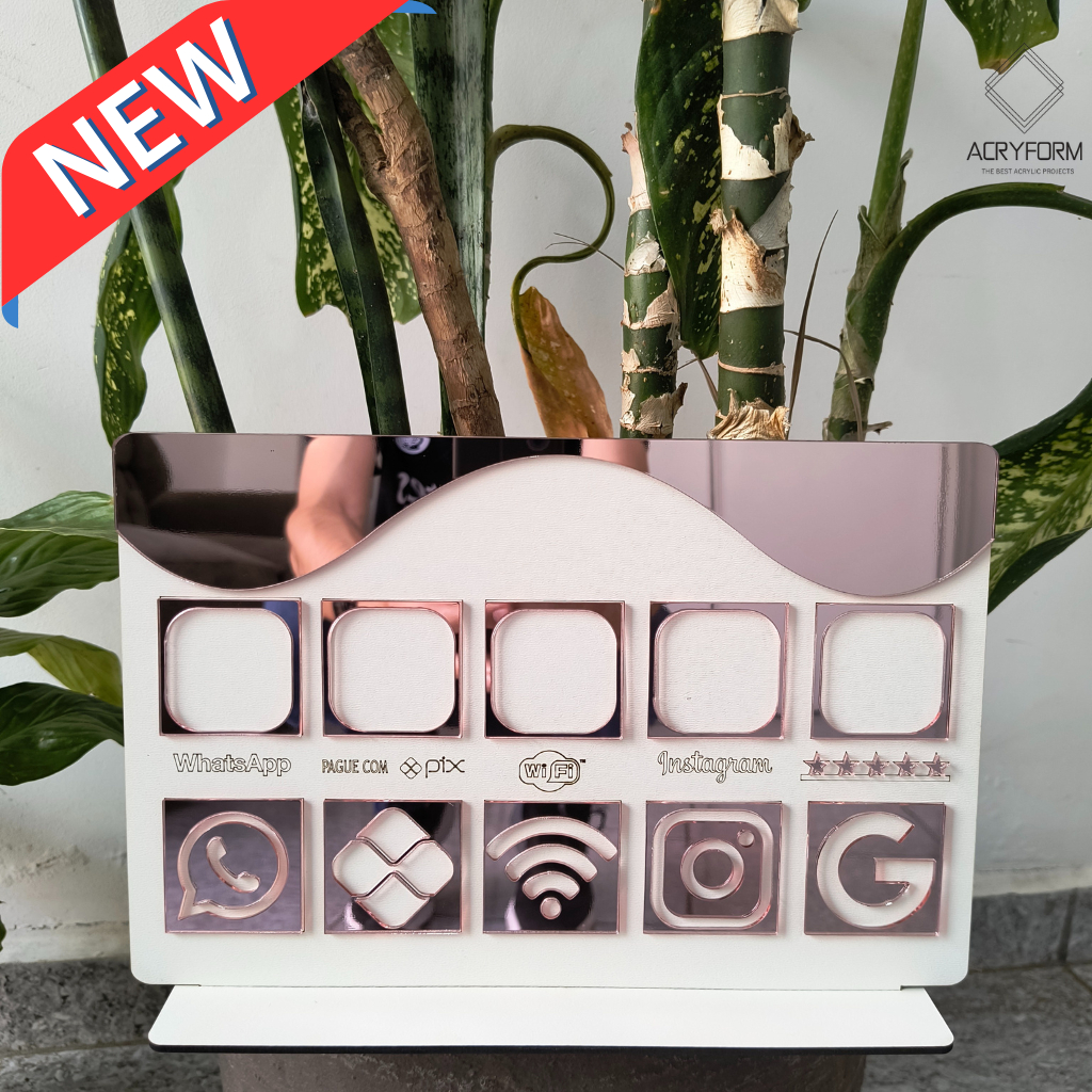 Placa Display de Mesa e Balcão para 5 QR Codes em MDF e Acrílico
