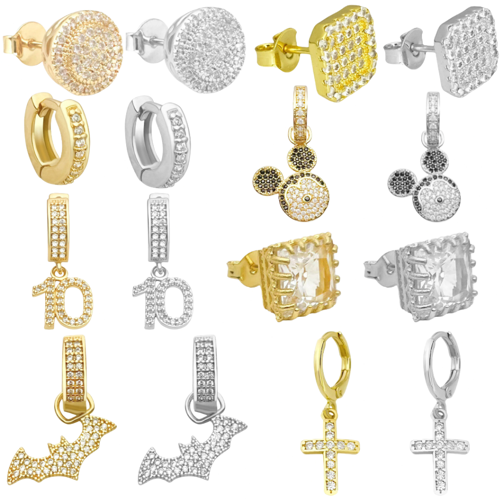 Brinco Ice Cravejado Masculino com Brilhantes de Zircônia Banhado a Ouro/Prata 925 Unidade