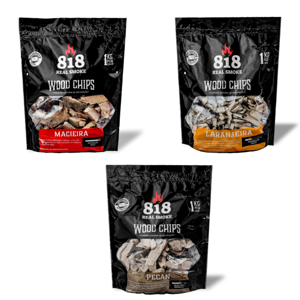 Kit Wood Chips Laranjeira + Macieira  + Pecan Churrasco Defumador Lenha BBQ Parrilla