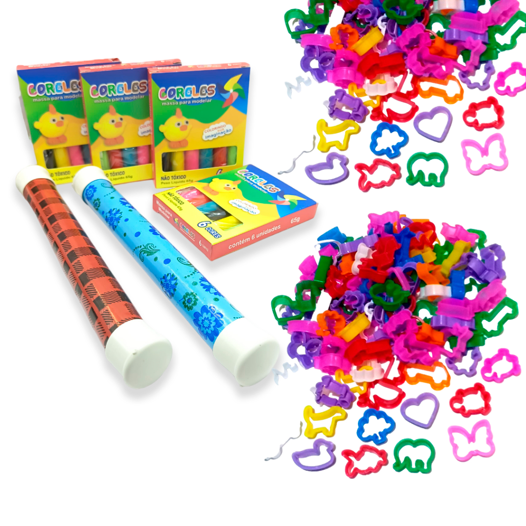Kit 25 caixinha de massinha de modelar 65g 06 cores + 50 cortadores + 1 rolinho Lembrancinha