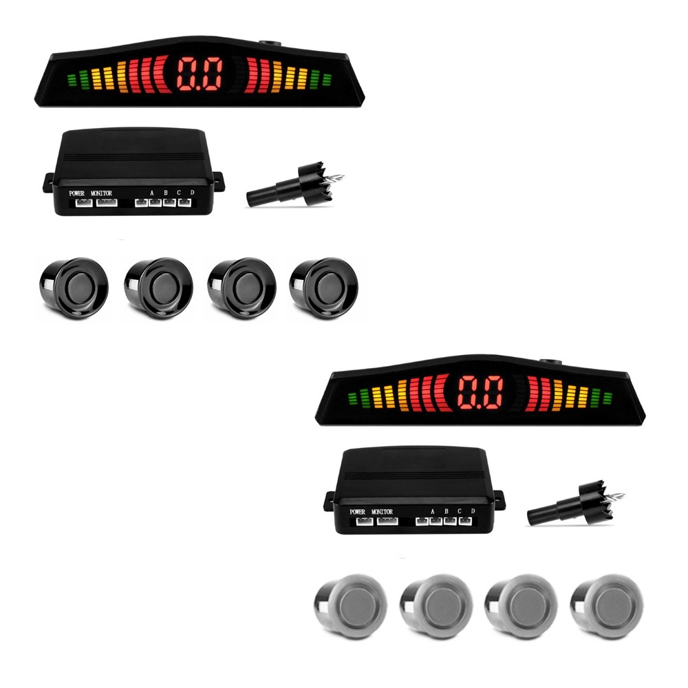Sensor Estacionamento Ré Carro 4 Pontos Display Sonoro LED Ultrassônico Preto Brilhante Ou Prata