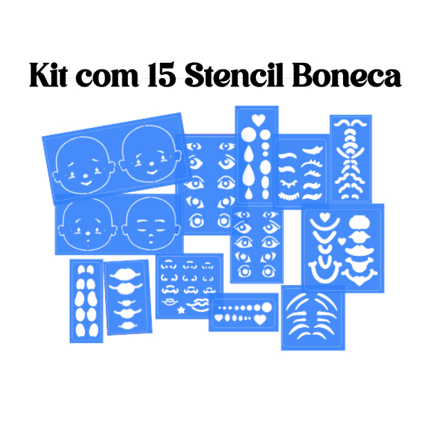 kit com 15 Régua Stencil Rosto De Boneca - Modelos Boca Olhos Cílios