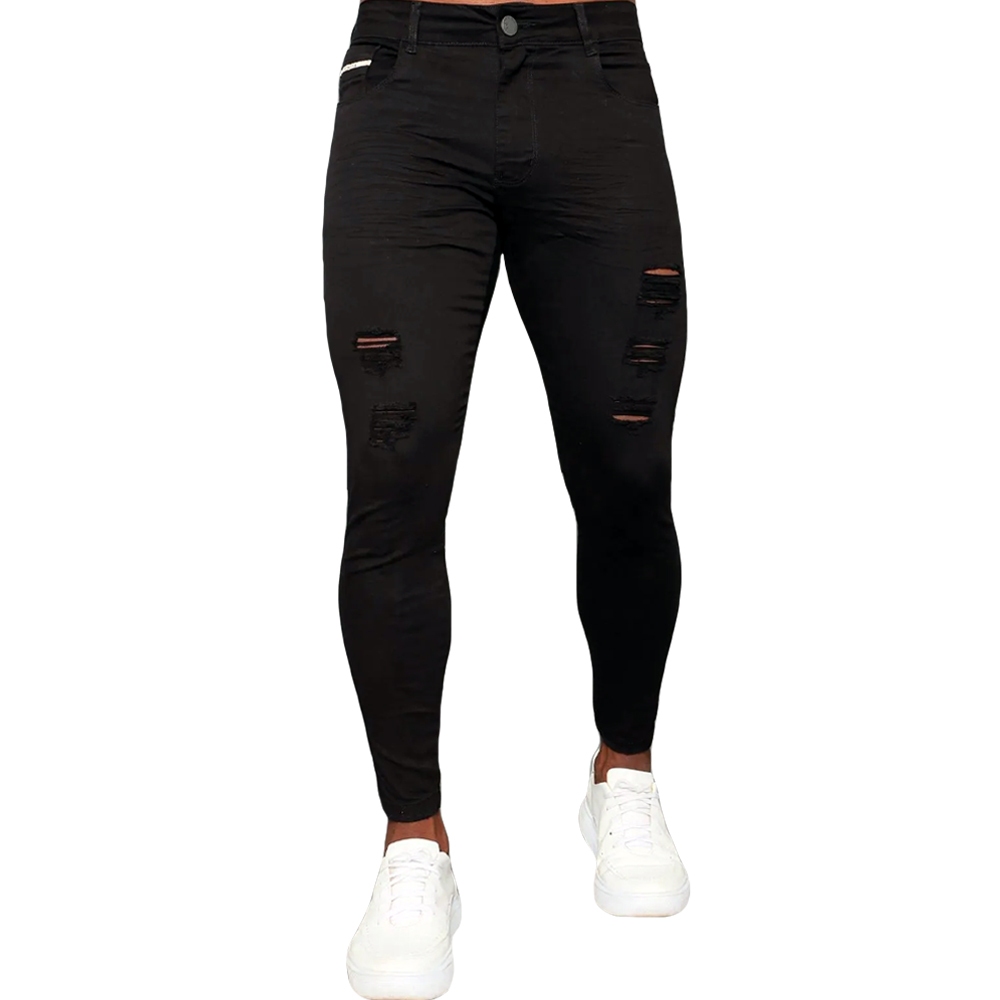 Calça Jeans Skinny Preta Destroyed Rasgada Masculina Premium Codi Jeans Detalhes