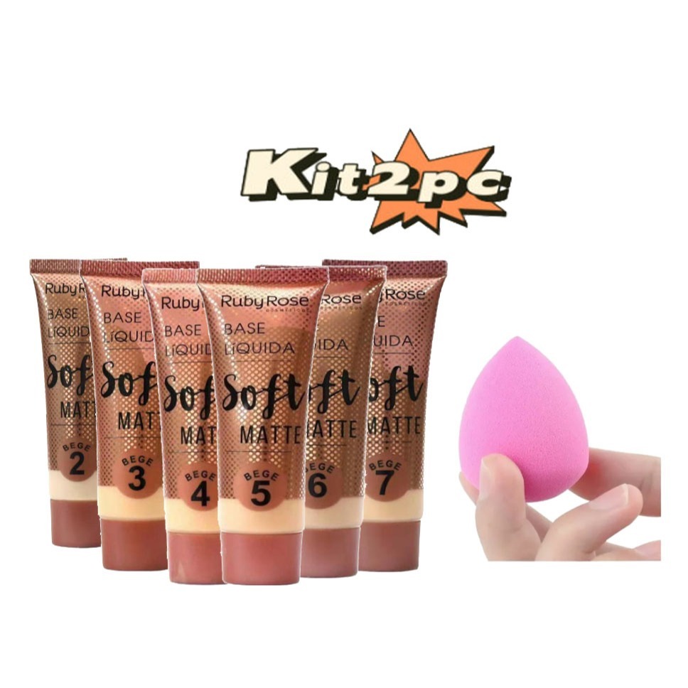 Base Líquida+1PCEsponjas（Base Líquida Soft Matte Bege Ruby Rose HB8050+1PCEsponjas Faciais Para Maquiagem