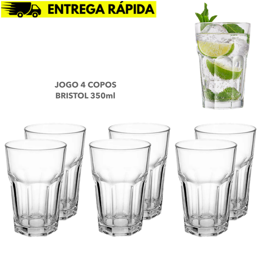 Jogo Copos Bristol Long Drink 350ml - 4 Unidades Vidro Grosso Bar Restaurante Buffet