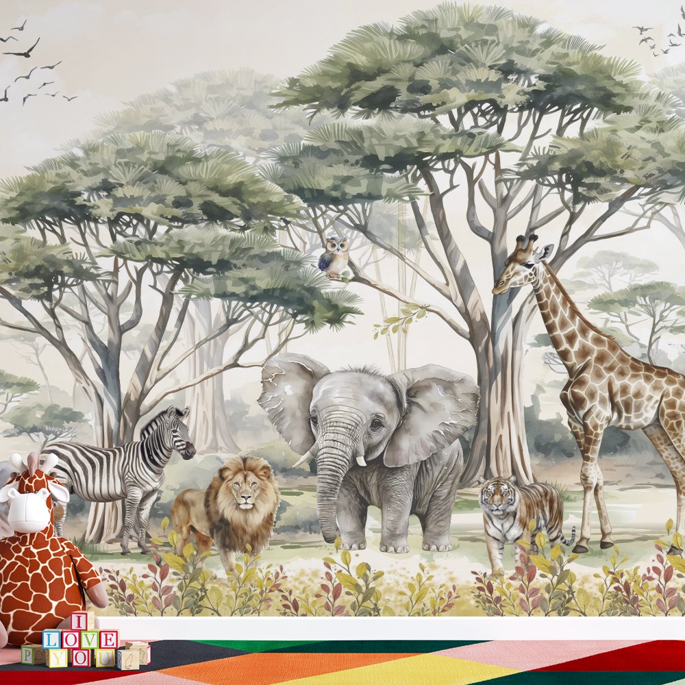 Papel de parede safari na selva em aquarela