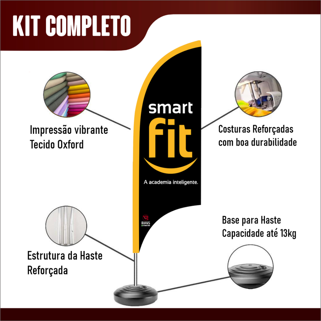 WIND BANNER Completo ACADEMIA SMART FIT Bandeira Dupla face - kit completo Haste, Base e Bandeira