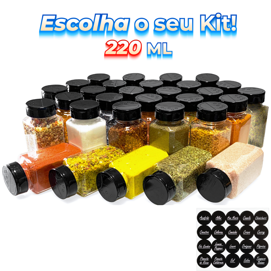 Jogo de Potes Cozinha para Tempero Condimentos Sal Parrilha 220ml Tampa Dupla Reforçada + Etiquetas