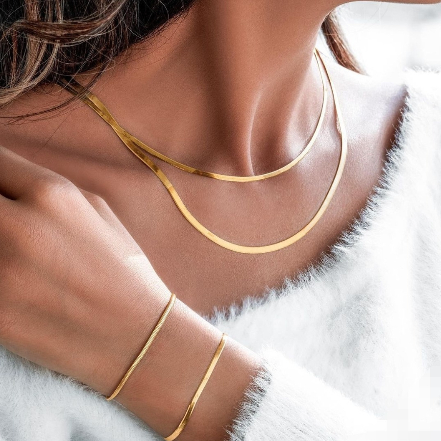 Conjunto Colar Feminino Fita Laminada e Pulseira Liso Folheada a Ouro 18k ou Prata 925 Kit Choker