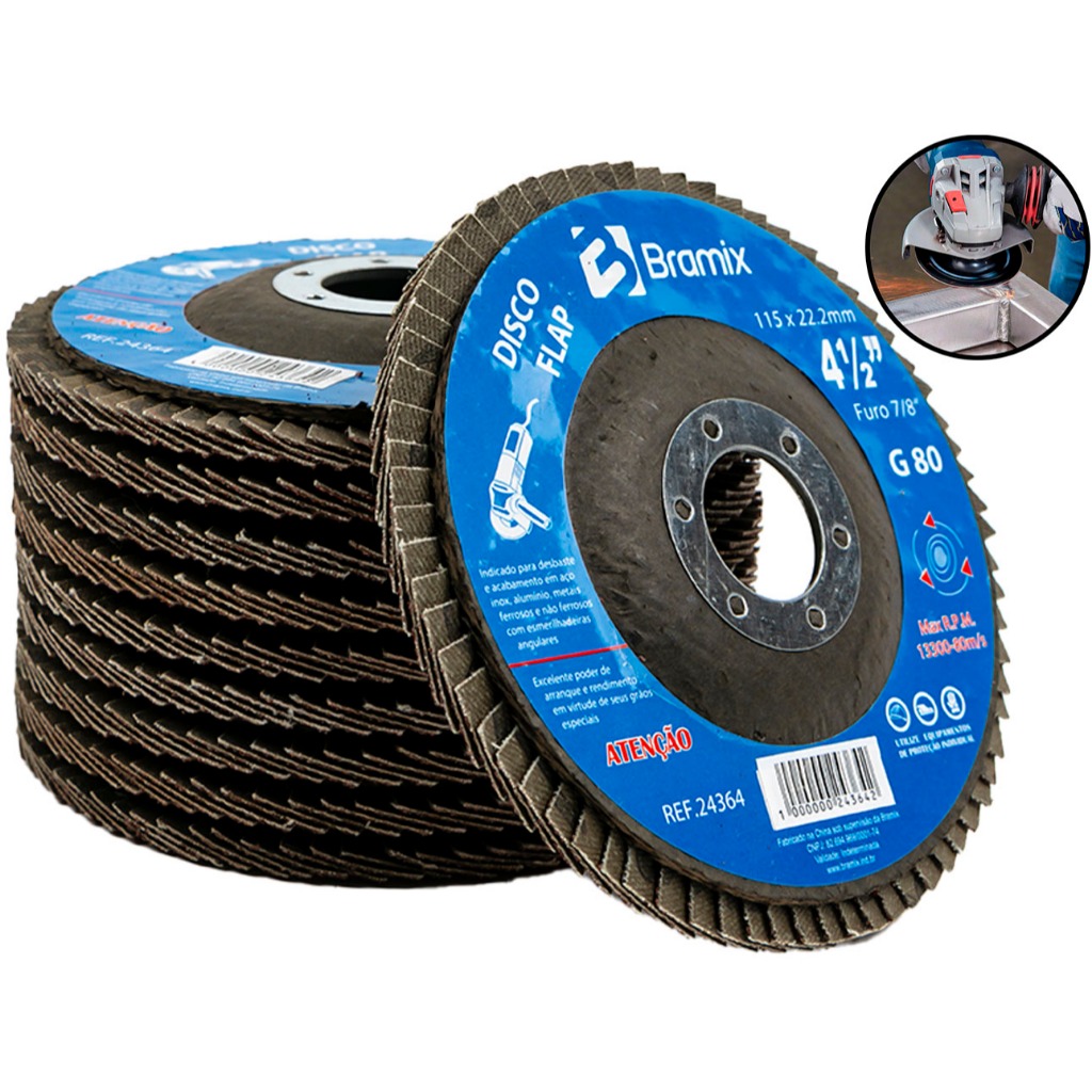 Kit 10 Disco Flap 115 X 22mm Esmerilhadeira Desbaste Para Aço Inox Alumínio Metais Ferrosos Bramix em Oferta na Shopee