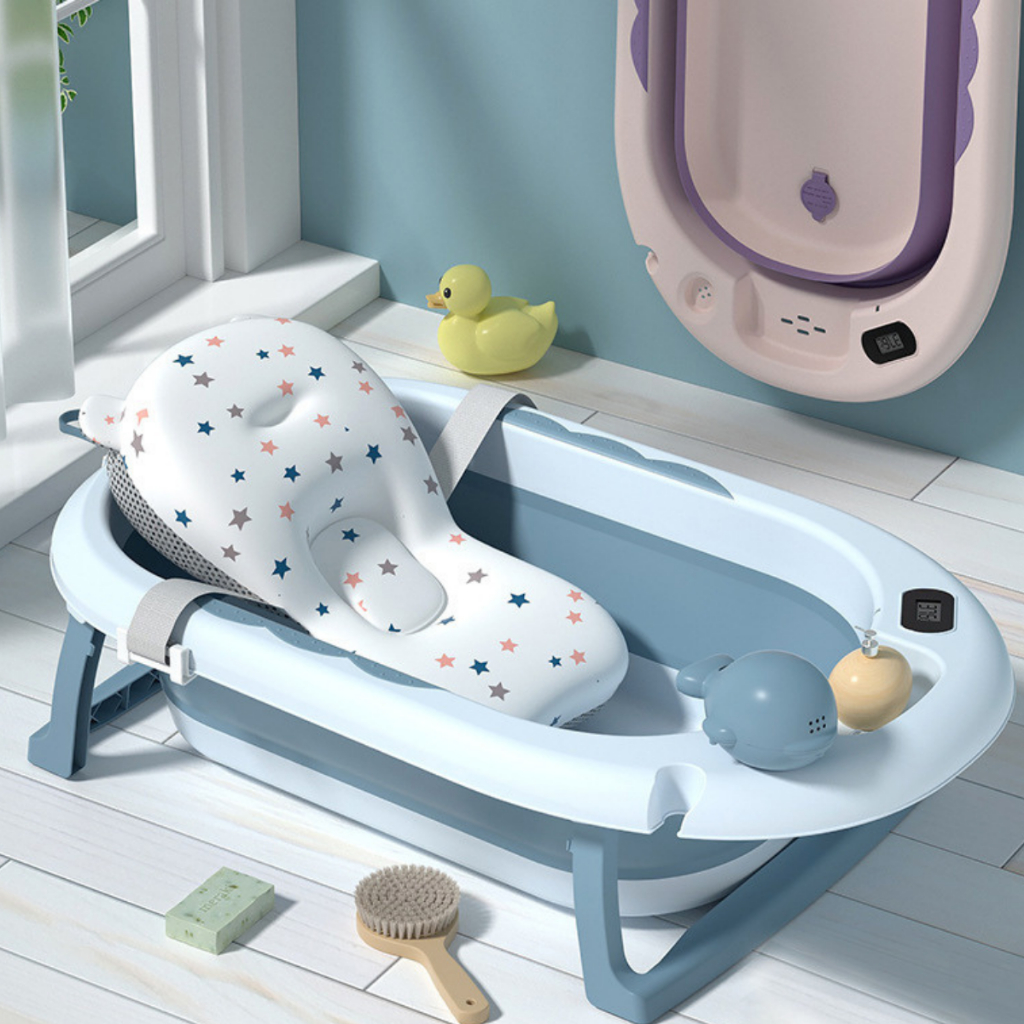Banheira Infantil Portátil Dobrável Com Termômetro Bebê Nenê + Almofada ajustável para Banheira