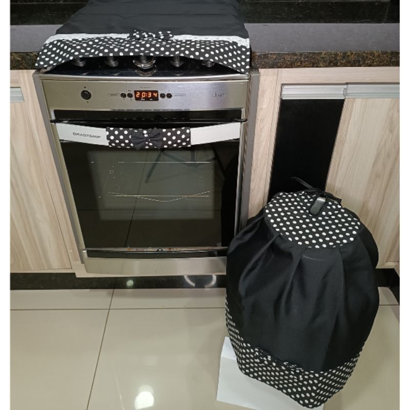 Jogo Cozinha 3 pçs Pano Fogão 5 e 6 bocas Capa para Botijão e Puxador