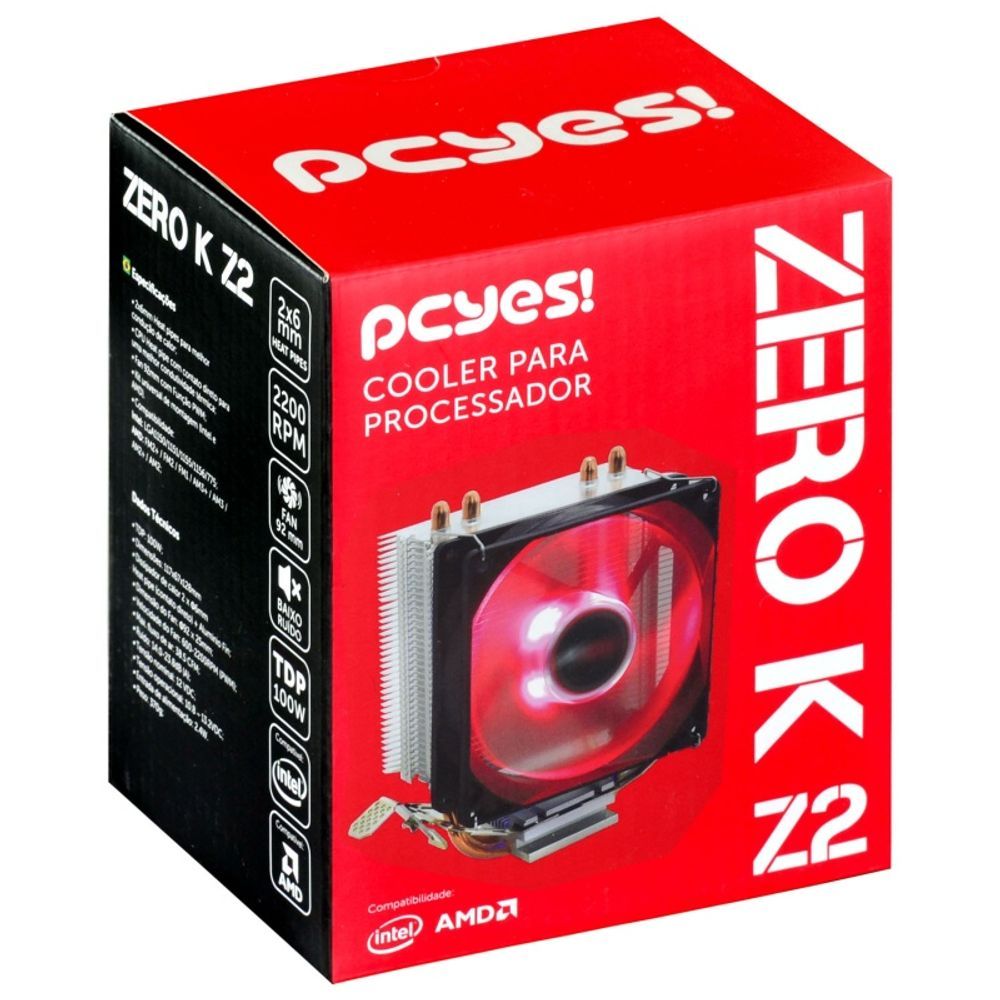 Cooler Processador Pcyes Zero K Z2 Led Vermelho P/ CPU Intel LGA 1150 1151 1155 1156 e 775 / AMD Ryzen AM4 AM3 AM2 FM2 FM1