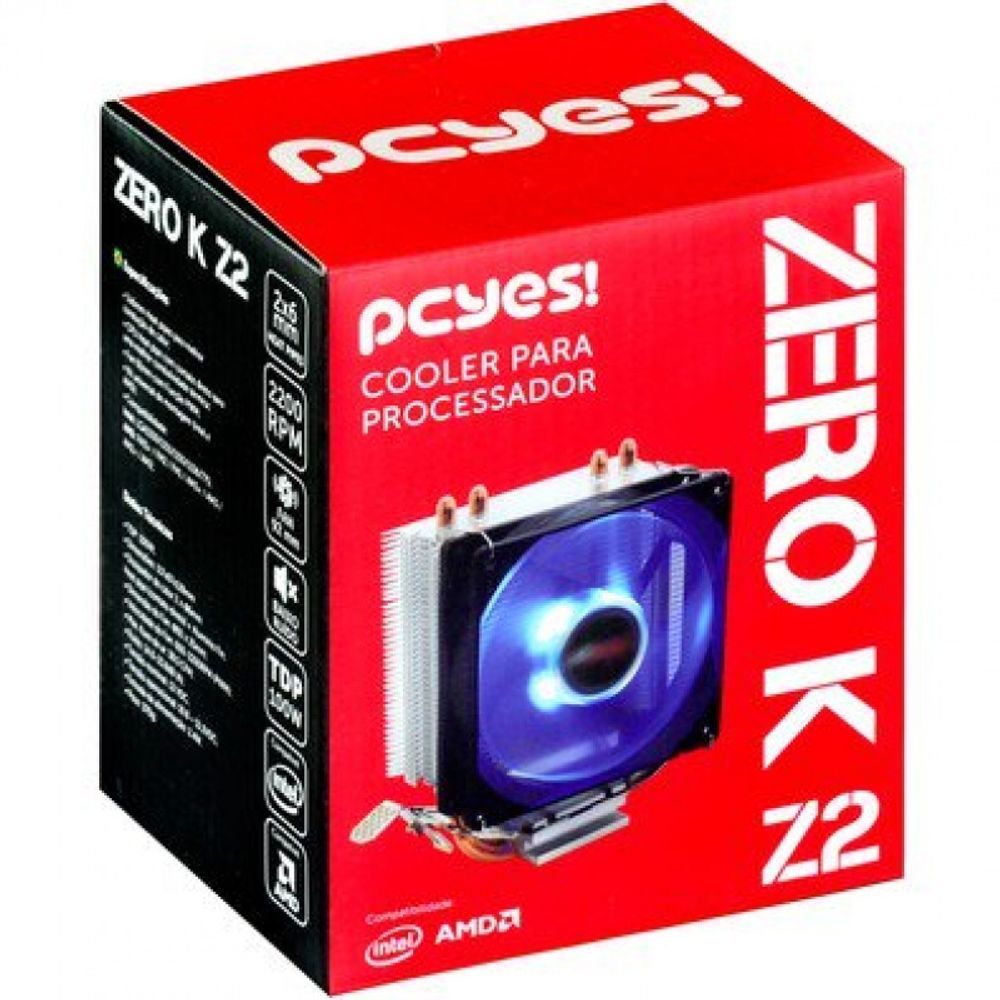 Cooler Processador Pcyes Zero K Z2 Led Azul P/ CPU Intel LGA 1150 1151 1155 1156 e 775 / AMD Ryzen AM4 AM3 AM2 FM2 FM