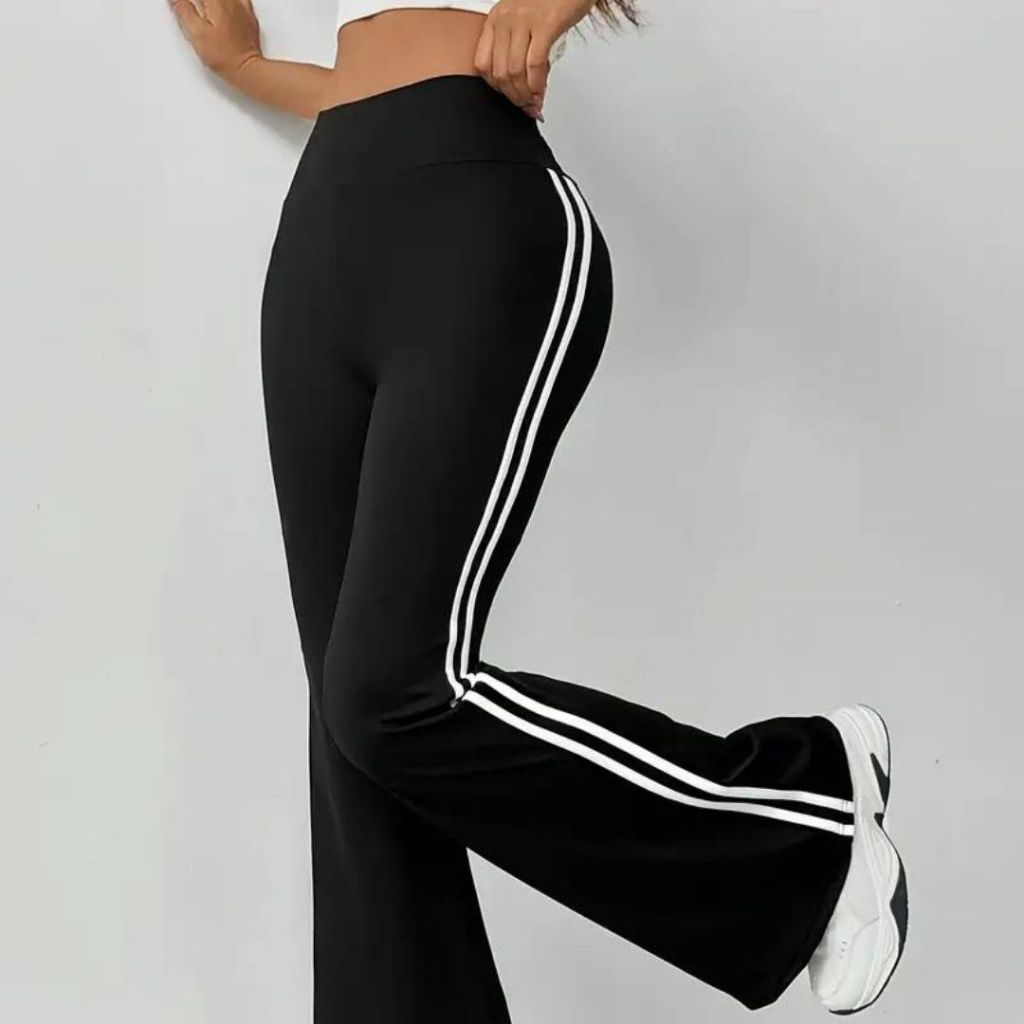Calça Cintura Alta Bailarina com Listras Laterais Flare Moda Tendência