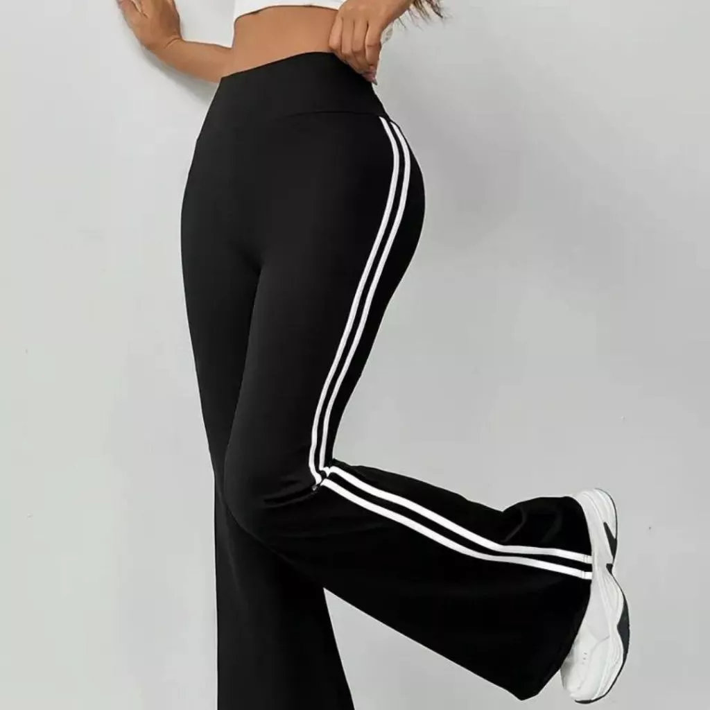 Calça Cintura Alta Bailarina com Listras Laterais Flare Moda Tendência — imagem 1
