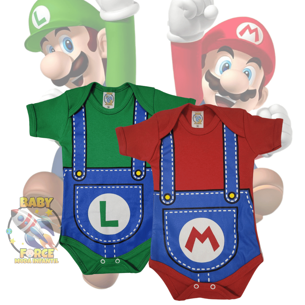 Body Mesversário Kit 2 pçs Mario e Luigi, bebê e Temático