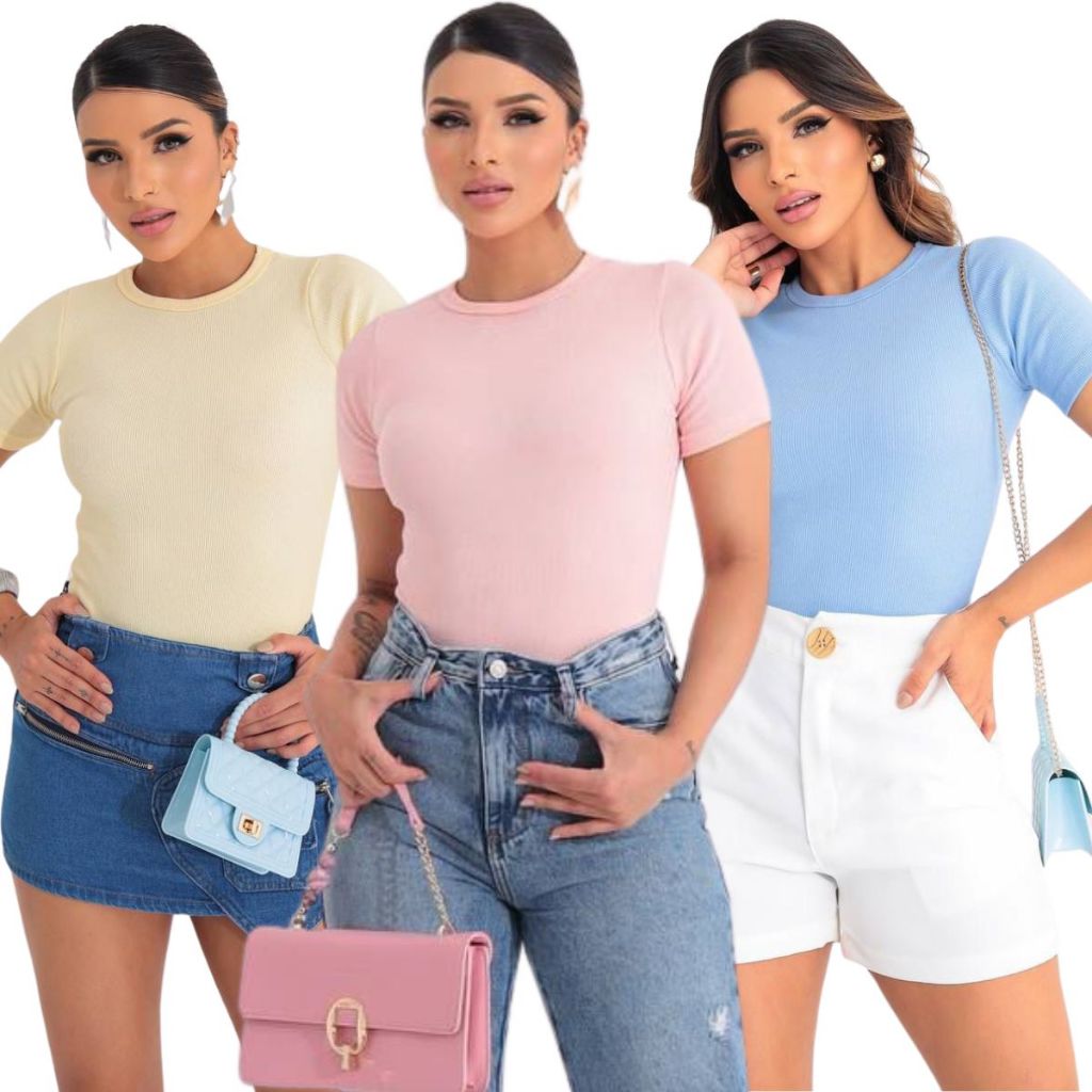 Kit 3 Blusa Ribana Basica Casual Feminina Moda Modeladora Dia A Dia