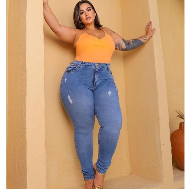 CALÇA PLUS SIZE MODA MAIOR JEANS FEMININA COM ESLASTANO em Oferta na Shopee