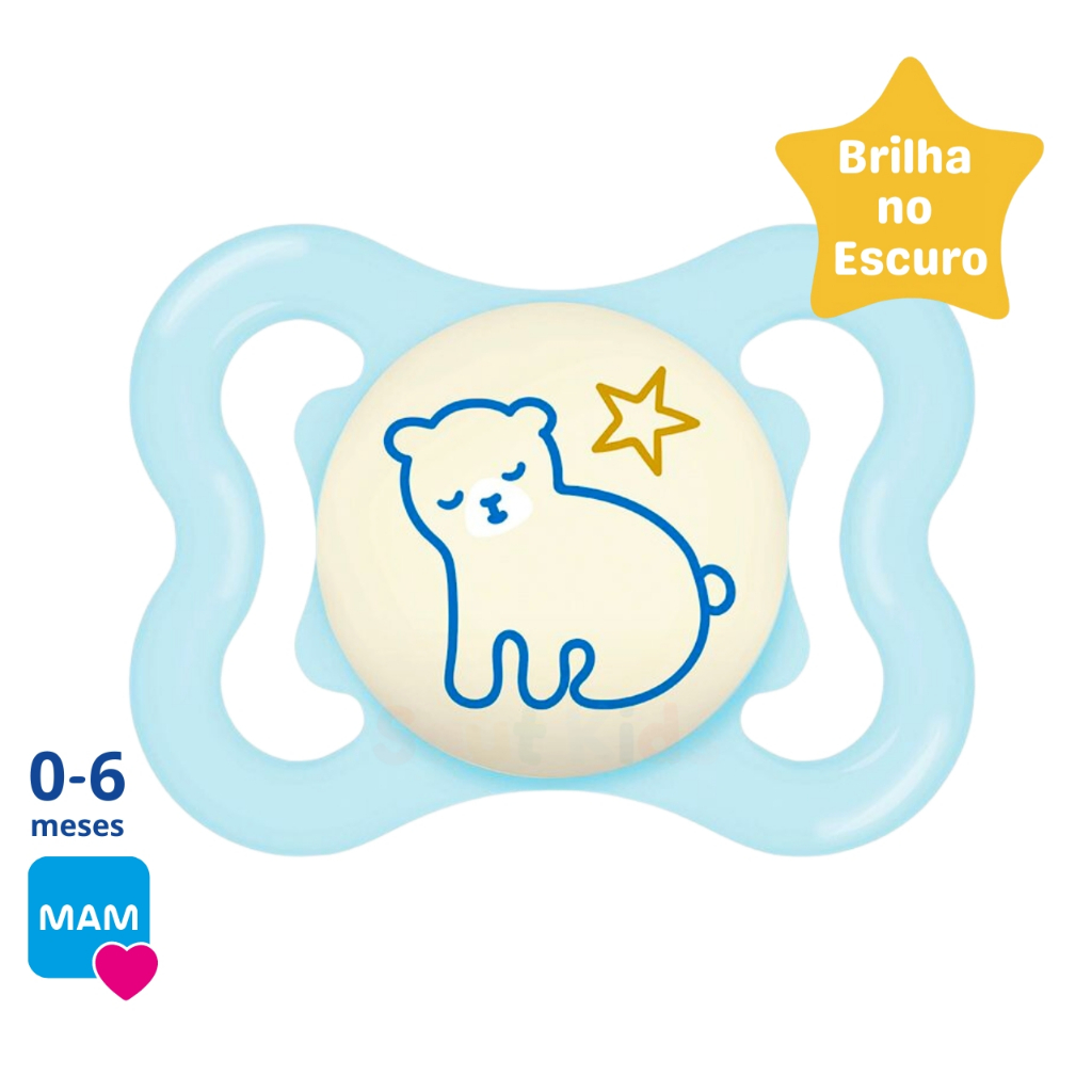 Chupeta Supreme Night MAM 0-6 Meses Brilha no Escuro Com Bico Silicone Macio Estojo Bebê 0m+ Menino Azul