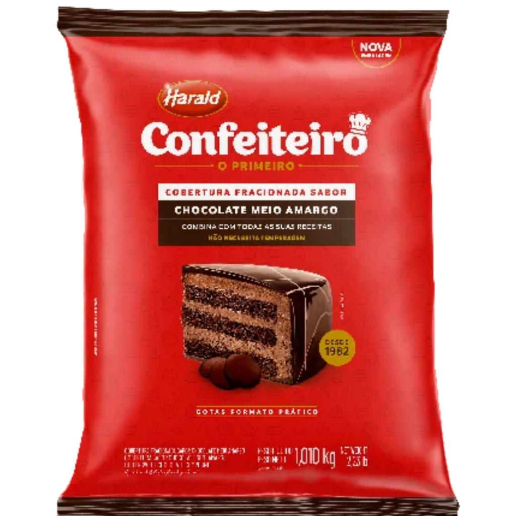 Cobertura Confeiteiro Fracionada Chocolate Meio Amargo em Gotas 1,01kg Harald
