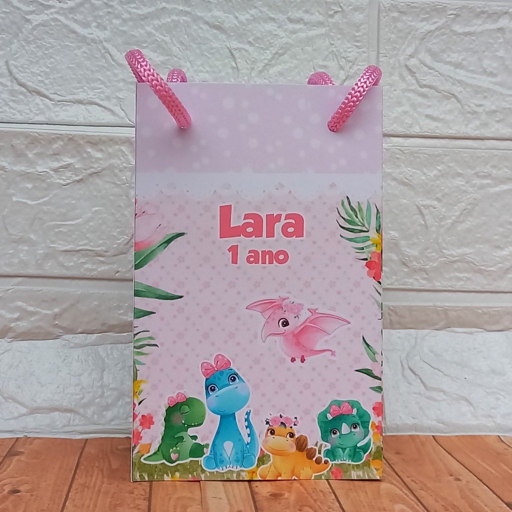 Sacolinha Personalizada (P) DINOSSAURO BABY ROSA Lembrancinha Festa Infantil (pegue e monte)