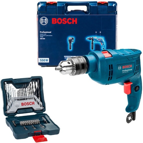 Furadeira Impacto Parafusadeira Bosch GSB 550 RE 550w 220v + Kit Brocas e Bits X line 33 PC + Maleta
