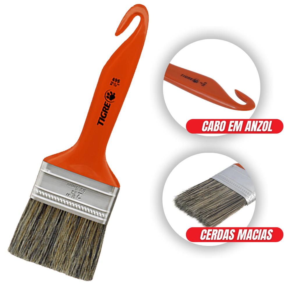 Pincel Trincha Para Pintura Profissional Multiuso 695-2 1/2 Polegadas Cerda Macia Gris - Tigre