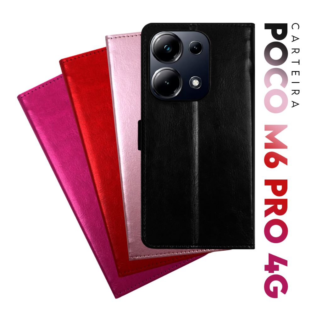 Capa Case Capinha Carteira Flip Cover Couro Sintético PRETA Para Xiaomi Poco M6 