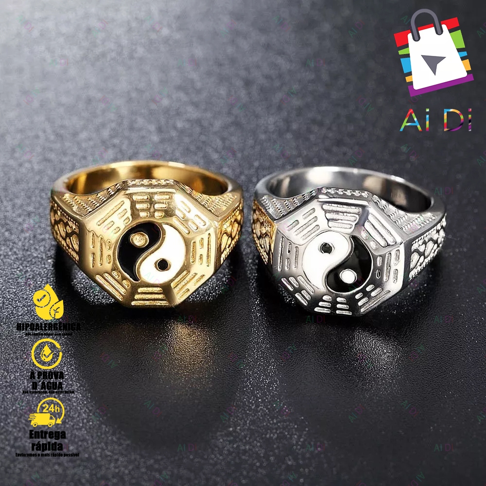 Anel  prata ouro noivado Masculino de Formatura Yin Yang em Prata - Estilo Dedeira, Design Oriental