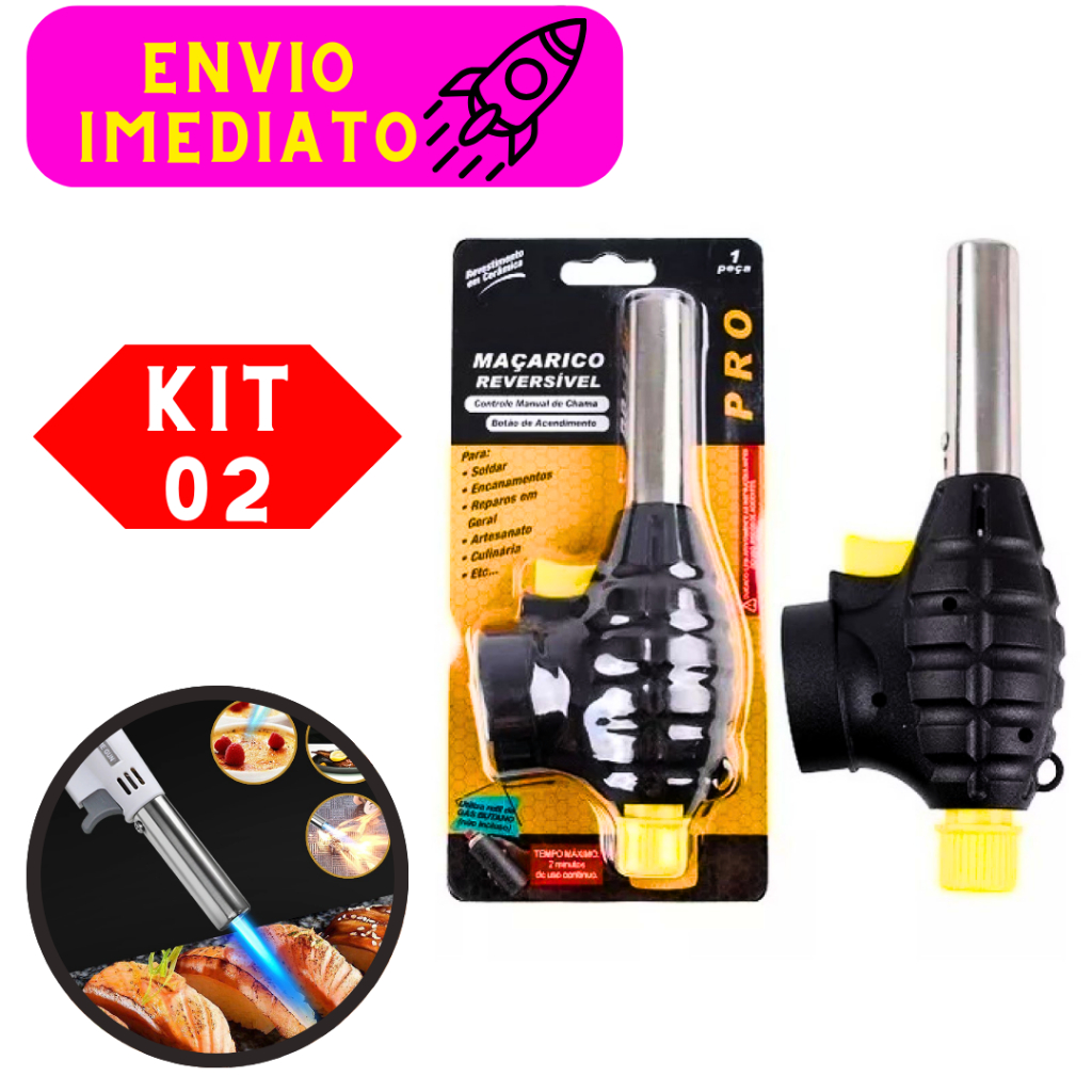 Kit 2 Maçarico Culinário Portátil de Cozinha Profissional Manual Controle de Chama com Regulagem