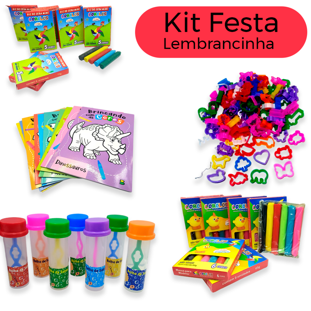 Kit Festa 25 massinha + 25 giz de cera + 25 cortadores + 25 Tubete Bolha de Sabão + 10 Livro Colorir