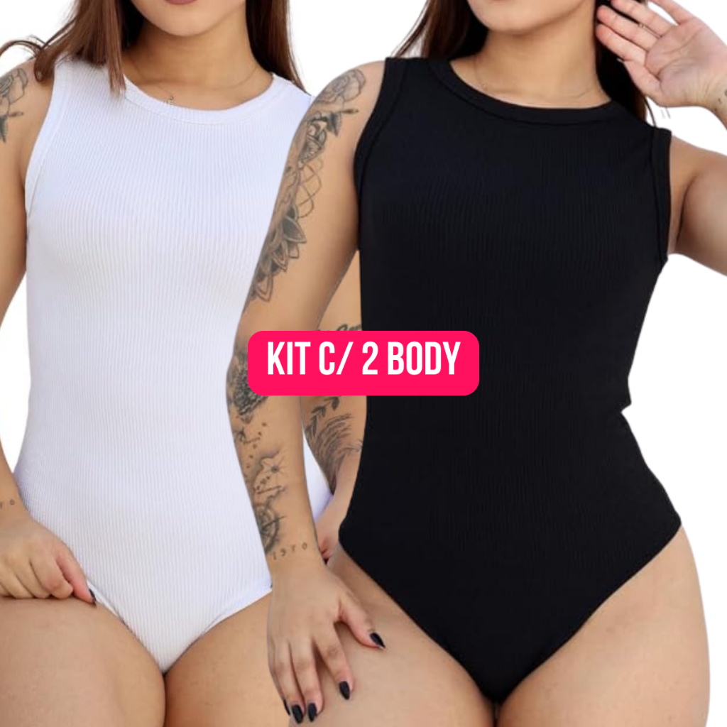 Kit 2 Body Feminino Modelador Moda Chique Cavado Regata Básico Elegante Versátil Liso Balada