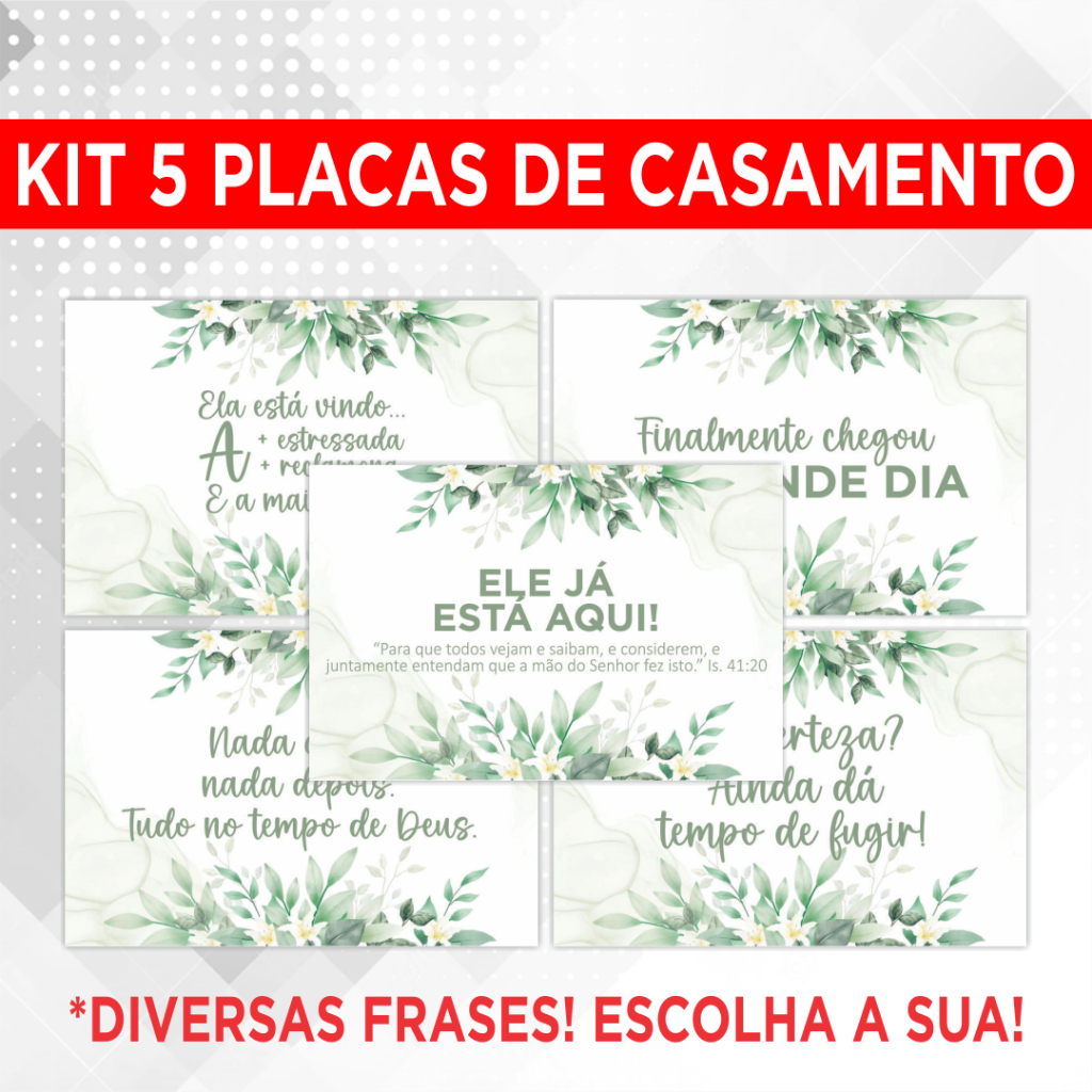 Kit Placa De Casamento Floral Verde - 5 Plaquinhas Decorativas Entrada Noiva Noivo Pajem Daminha Cortejo