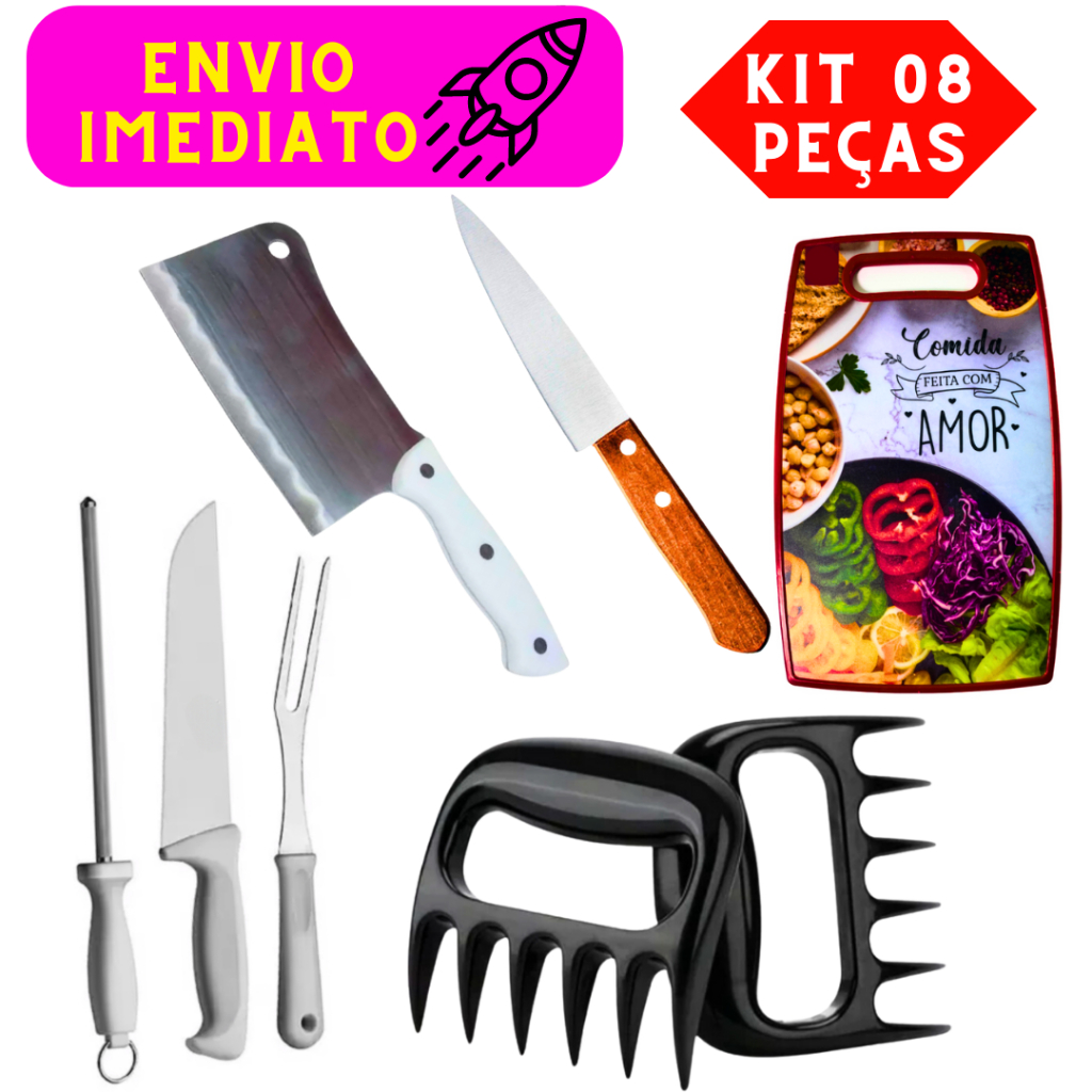 Kit 08 Peças Kit Churrasco 03 Peças 02 Garras de Urso 01 Faca Cabo de Madeira e 01 Cutelo Utensílios