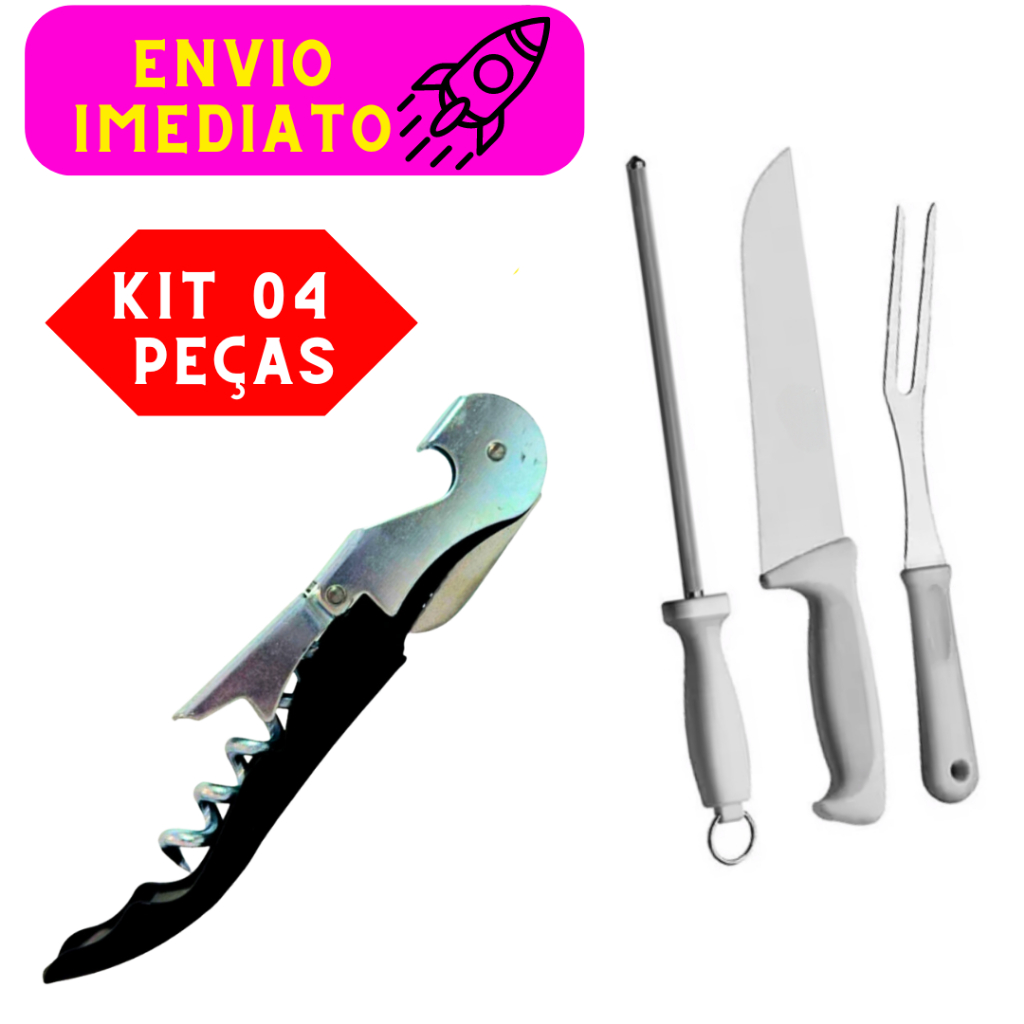 Kit 04 Peças Kit Churrasco 03 Peças e 01 Saca Rolhas Kit Perfeito Para Churrasco de Alta Qualidade