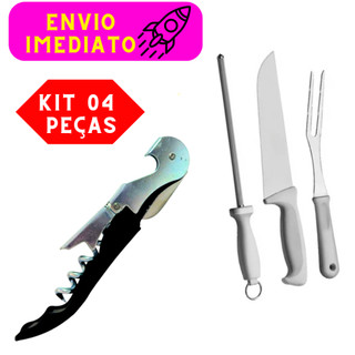 Kit 04 Peças Kit Churrasco 03 Peças e 01 Saca Rolhas Kit Perfeito Para Churrasco de Alta Qualidade