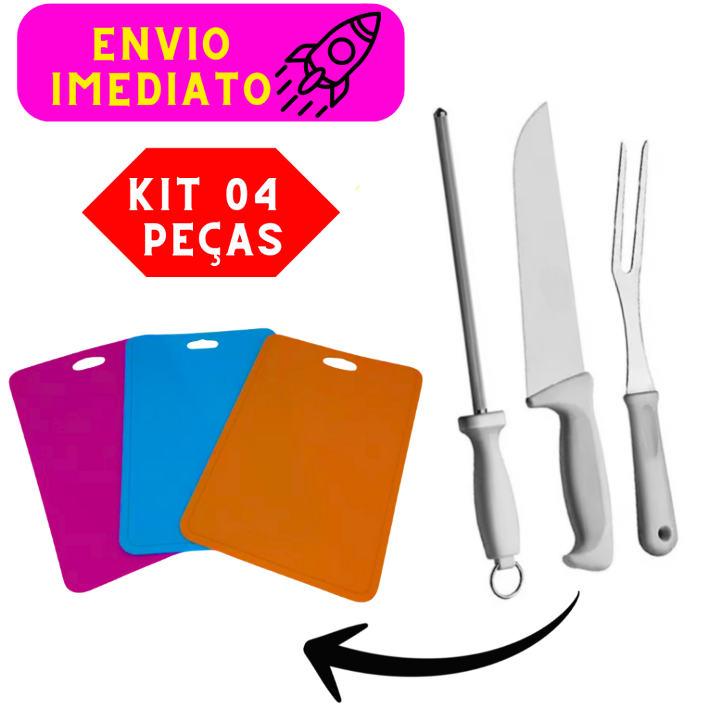 Kit 04 Peças Kit Churrasco 03 Peças e 01 Tabua Flexível Kit Perfeito Para Churrasco de Qualidade