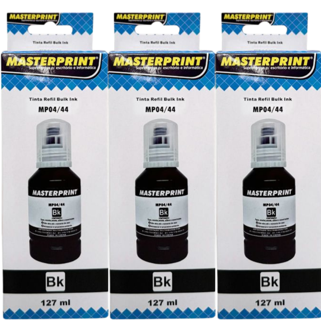 Kit 03 Refil Tintas Compatível para impressora Tank L3110 L3150 L3210 L3250 T544 Preta 127ml